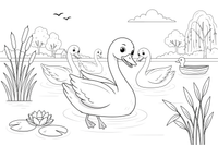 The swan gliding happily on the pond with other swans – The Ugly Duckling Story coloring page