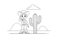 A cowboy with a hat and boots standing by a cactus – Historic People Around the World coloring page