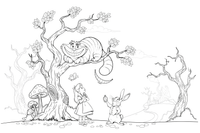 A grinning cat sitting in a tree, fading with just its smile – Alice in Wonderland Story coloring page