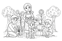 A family harvesting vegetables together in the garden in autumn – Autumn Harvest coloring page