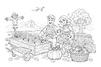A family harvesting vegetables together in the garden in autumn – Autumn Harvest coloring page