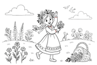 A girl in a folk dress wearing a wreath of rue and wildflowers – Lithuanian Nature Plants coloring page
