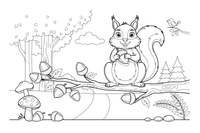 A squirrel sitting on an oak branch full of acorns – Forest Plant Wonders coloring page