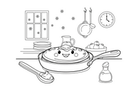 A frying pan with a golden round pancake – Pancake Day Winter Treat coloring page