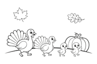 A family of turkeys walking in a row – Thanksgiving Autumn coloring page