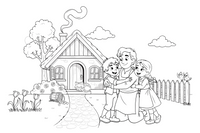 The children arriving safely home to hug their father – Hansel and Gretel Story coloring page