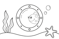 A submarine porthole with a fish looking in – Deep Sea Diver Submarine coloring page