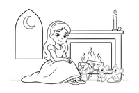 Cinderella sitting sadly by the fireplace with little mice around her – Charming Cinderella Story coloring page