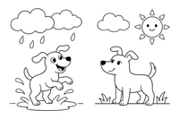 A dog splashing in a puddle in the rain next to a dry dog under a sunny sky – Opposite Concepts coloring page