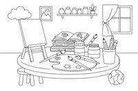 An art set: brushes, palette and paints – Classic School & Art Supplies coloring page