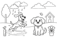 A dog splashing in a puddle in the rain next to a dry dog under a sunny sky – Opposite Concepts coloring page