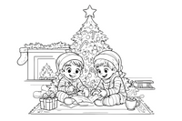Children writing a letter to Santa by the tree – Christmas Winter Festivities coloring page