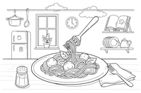 A plate of spaghetti twirled on a fork – Yummy Meals coloring page