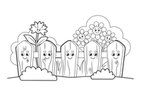 An old wooden fence with cornflowers and daisies growing along it – Herb Day coloring page