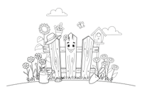 An old wooden fence with cornflowers and daisies growing along it – Herb Day coloring page