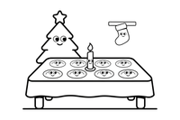 A festive table set with twelve small dishes and a white tablecloth – Christmas Eve coloring page