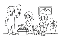 A whole family cleaning the house together – Chores & Helping coloring page