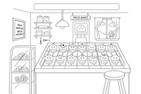 A tray of muffins cooling on a rack – Cozy Bakery Place coloring page