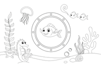 A submarine porthole with a fish looking in – Deep Sea Diver Submarine coloring page