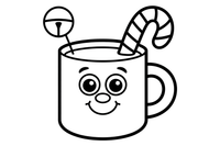 A mug of cocoa with a candy cane jingle bell – Christmas Winter Reindeer coloring page