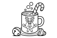 A mug of cocoa with a candy cane jingle bell – Christmas Winter Reindeer coloring page
