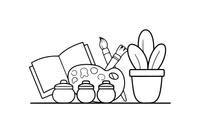 An art set: brushes, palette and paints – Classic School & Art Supplies coloring page
