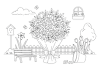 A huge bouquet of mixed flowers wrapped in paper, tied with a ribbon – Spring Bouquet Flower coloring page