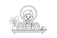 A child decorating cupcakes with sprinkles – Delightful Sweets coloring page