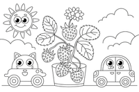Strawberries growing on a plant with white flowers – Juicy Berries coloring page