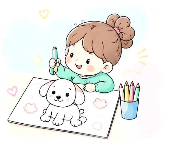 A girl colouring a picture of a puppy