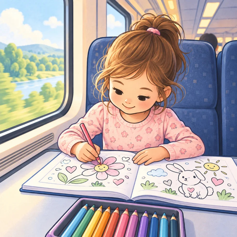 A girl colouring on a train